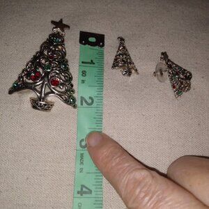 Silver tone colorful Christmas tree brooch and matching pushback earrings.